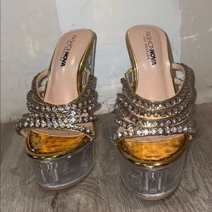 Fashion Nova Gold and Clear Platform Heels